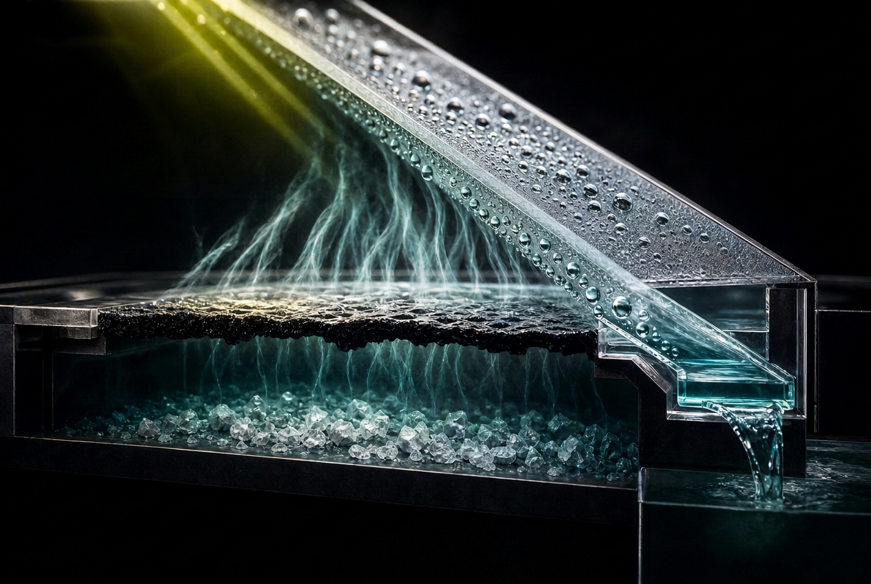Cutaway of a D-SAL solar still: sunlight heats a floating carbon layer, vapour rises and condenses on the cover as fresh water, salt stays in the water below.