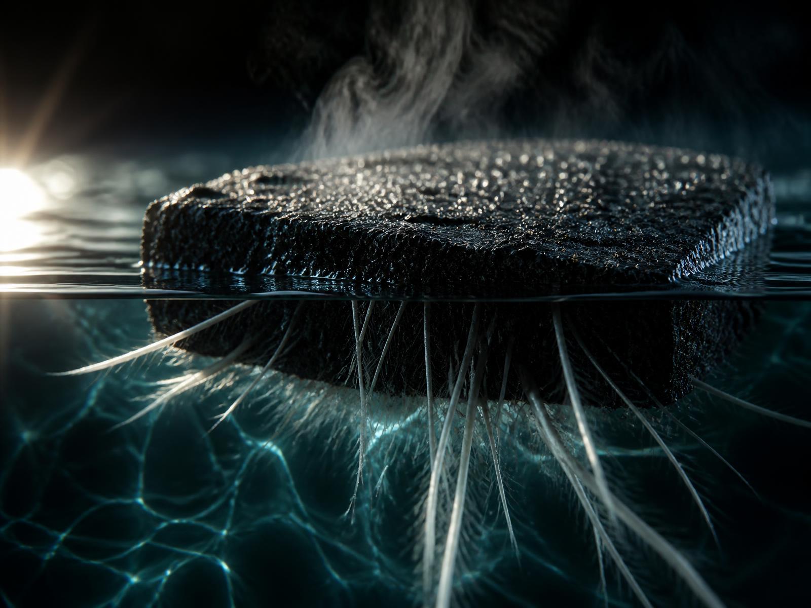 The D-SAL carbon structure at a seawater surface, sunlight raking across it as vapor rises.